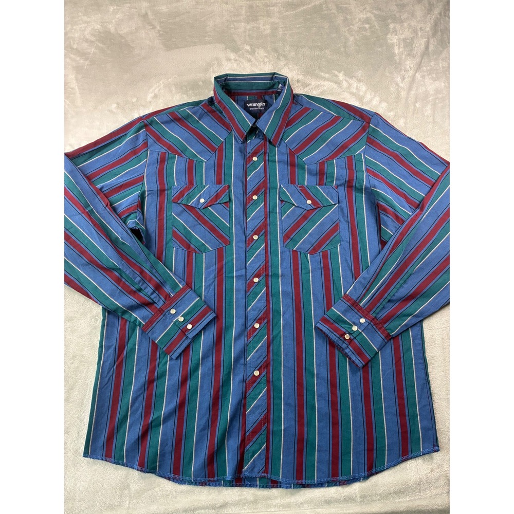 Wrangler Western Shirt Mens XL Blue Green Burgundy Stripe Pearl Snap Long Sleeve